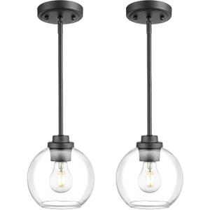 JAZAVA Matte Black Pendant Light, Mid Century Globe Haning Light Fixture Ceiling with Clear Glass for Kitchen Island Dining Room Bedroom Hallway Foyer (2 Pack), PL101BK-2PK