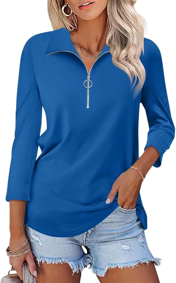 Women's 3/4 Length Sleeve Tops Collared V Neck T Shirts Polo Zipper Summer Shirts (Medium, A-dark Blue)