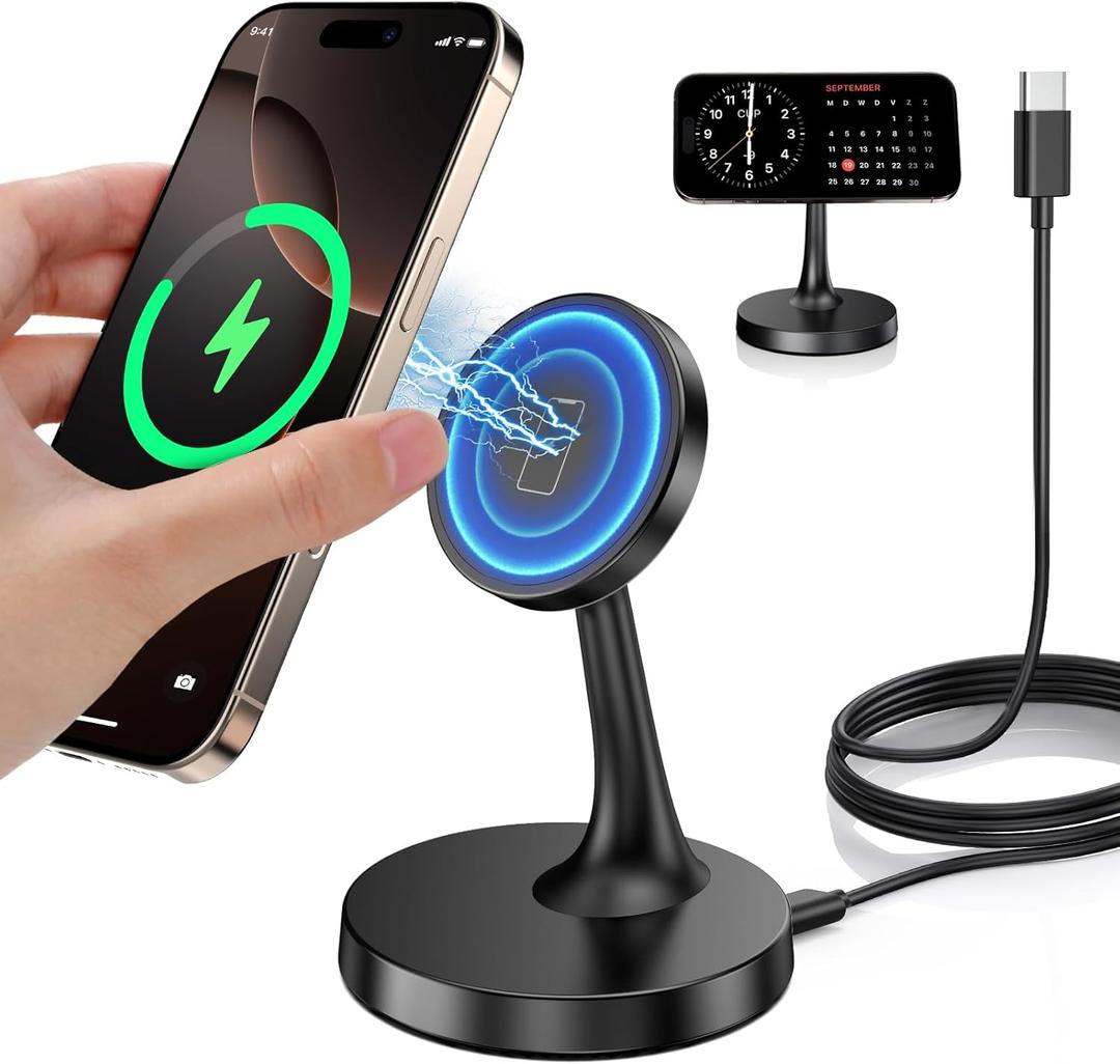 Magnetic Wireless Charger iPhone Stand 15W Fast Mag-Safe Charger for iPhone 16/16 Pro/16 Plus/16 Pro Max/15/14/13/12 Series Apple Magnet Wireless Charging Station/Pad for AirPods (Black)