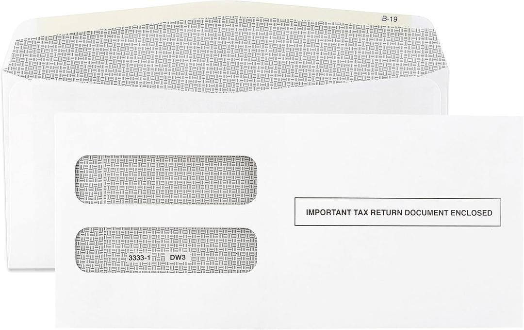 W2 Tax Envelopes for 3-Up Horizontal, Double Window Gum-Seal Security Envelope, W-2 with the Side Stub Removed Tax Forms Pack of 25 Envelopes