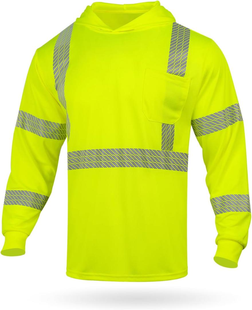 GLIMMR Hi Vis Hoodie Safety Reflective High Visibility Long Sleeve T Shirts with Hood for Men Class 3 Construction Workwear (XX-Large, Yellow)