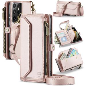 Crossbody Wallet Case Compatible with Samsung Galaxy S21 Ultra 5G RFID Blocking 10-Card Holder Soft PU Leather Magnetic Snap Strap Zipper Pocket Phone Case Fit for Galaxy S21 Ultra - Rose Gold