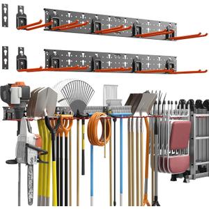 TORACK Garden Tool Organizer Wall Mount, Garage Folding Chair Storage Rack, Tools Rack for Shovels, Rakes, Broom, Ladders, Hooks for Keyhole Style Shelving Unit