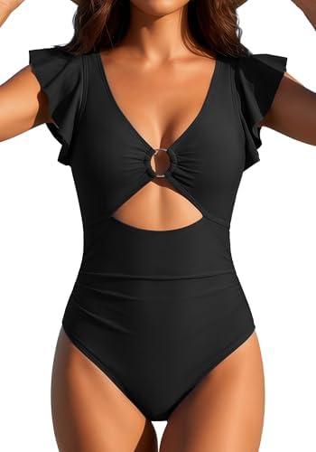 SOCIALA Swim Suits for Women Ruffle One Piece Tummy Control O-Ring Cutout Bathing Suit Full Coverage Swimwear, Large