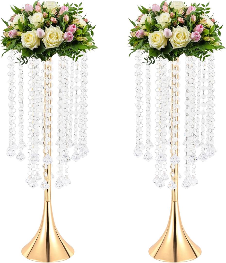 OUKANING Tabletop Flower Stand Wedding Table Centrepieces Metal Flower Vases Flower Display Holder with Acrylic Beads for Party Event Dinner Receptions Hotel Home Decor,21.9in Height (2PCS Gold)