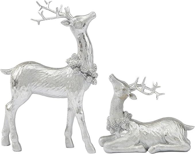 DN DECONATION 2pcs Gold Christmas Reindeer Figurines, Tabletop Reindeer Christmas Decor Indoor, Small Resin Xmas Brass Deer Decorations for Home Mantel Decor (Set of 2), Matte Silver