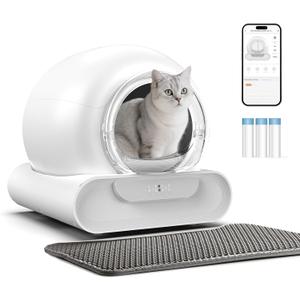 Self Cleaning Litter Box, Integrated Safety Automatic Cat Litter Box Self Cleaning 65L+9L for Multiple Cats, App Control, Odor Removal, Includes Door Curtains