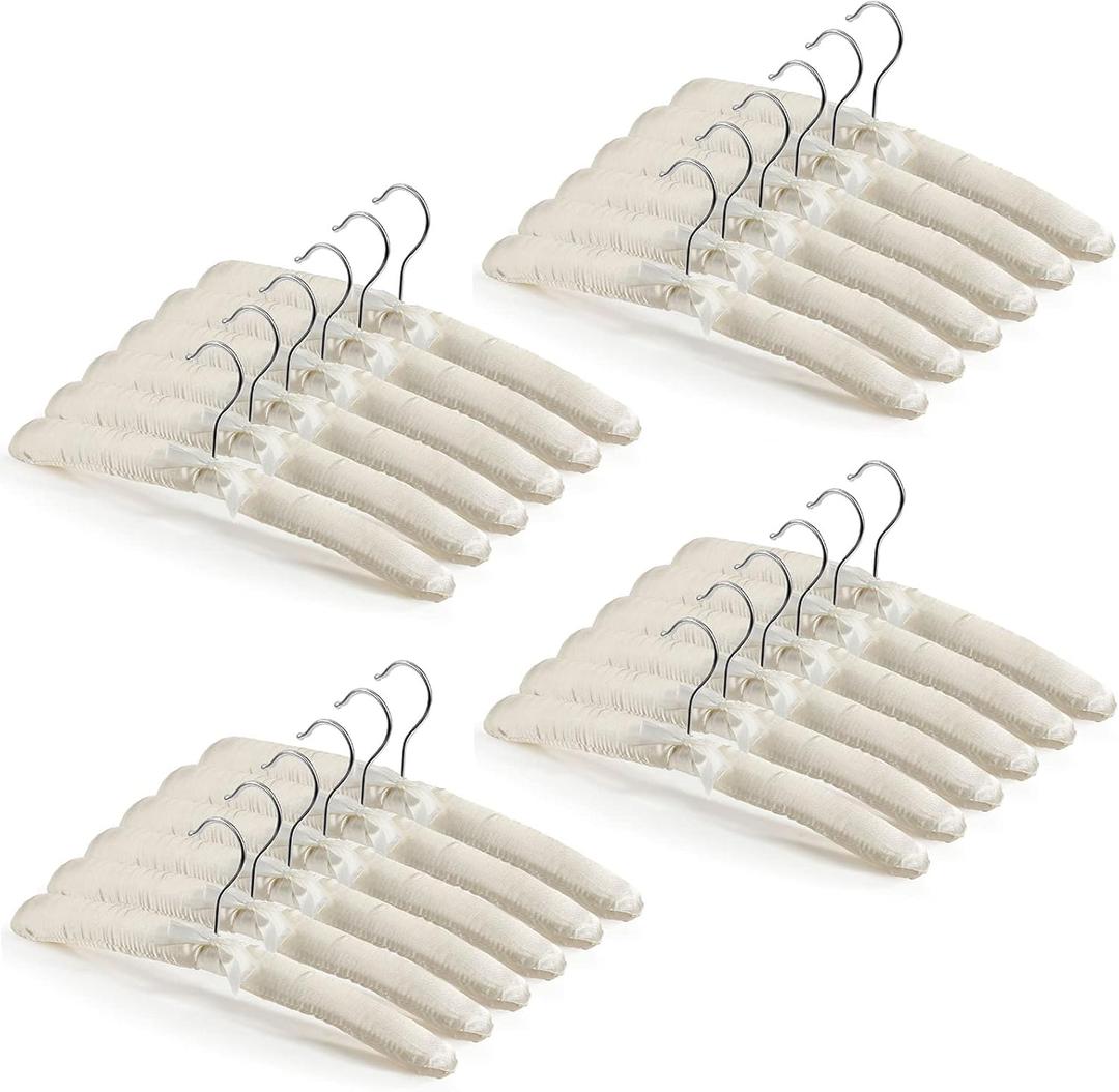 Jetec 24 Pieces Satin Padded Hangers with 360 Swiveling Hook Sponge Shoulder Pads Hanger for Coat, Sweaters, Blouse, Wedding Dress, Women Cloths (Beige)
