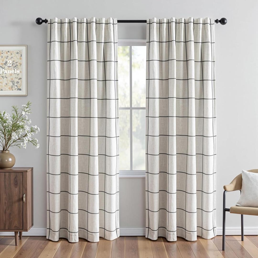MYSKY HOME 100% Blackout Plaid Farmhouse Linen Curtains 90 Inch Long 2 Panels Set for Living Room Double Layer Windowpane Drapes Thermal Insulated Privacy Protection Rod Pocket Back Tab, 52" W, Black