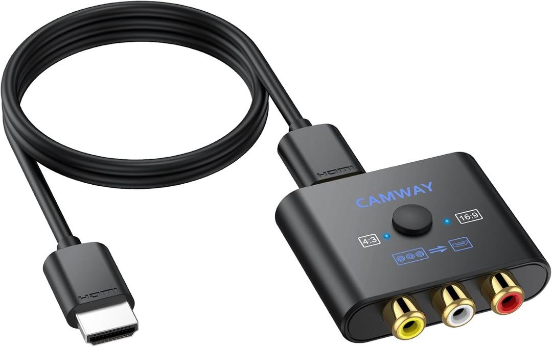 CAMWAY RCA to HDMI Converter - 16:9/4:3 Conversion 1080P AV to HDMI Adapter for Wii/PS1/PS2/N64/X-box/DVD/VCR,Composite CVBS Video Audio Converter with HDMI Cable Supports PAL,NTSC