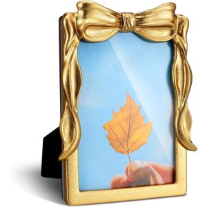 Geelin 1 Pcs Bow Gold Picture Frame Vintage Antique Baroque Ornate Resin Rectangle Oval Retro Photo Frame with Glass Front Bowknot for Home Wedding Tabletop and Wall Hanging Decor (4" X 6")