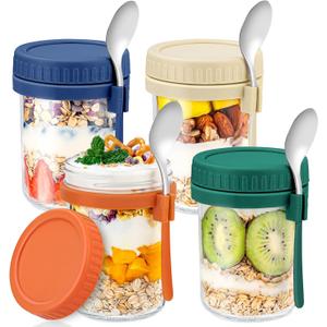 DRKIO 4 Pack Glass Overnight Oats Containers with Lids and Spoons 16 Oz Mason Jars for Overnight Oats Jars Leak Proof Oatmeal Container Meal Prep Jar for Cereal Fruit Vegetable Milk Salad Yogurt