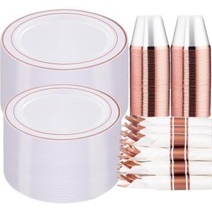 WELLIFE 350 Pieces Rose Gold Plastic Dinnerware, 50 Guests Disposable Plates with Rose Gold silverware and Cups, 50 Pre Rolled Napkins with Cutlery, Perfect for Wedding and Party