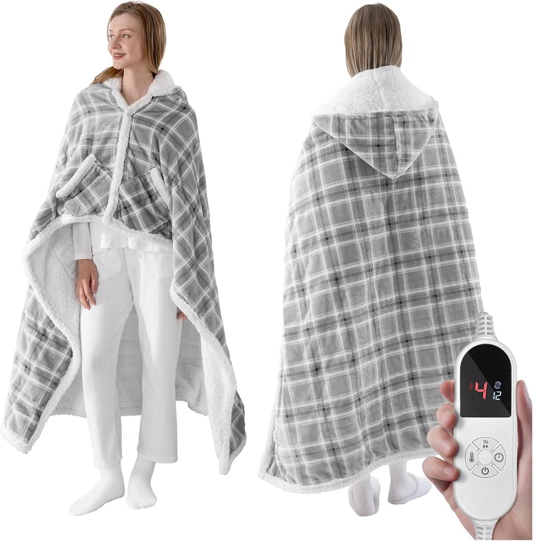 Wearable Electric Blanket Heated Throw, 50" x 60" Fast Heating Wrap Poncho Shawl with Hood & Pockets, 6 Heat Levels & 12 Hours Auto Shut-Off, Machine Washable, ETL & FCC Certified, Grey Plaid