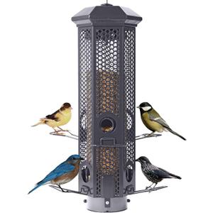 Squirrel Proof Bird Feeders with Removable Base, Metal Wild Bird Feeder for Outdoors Hanging, 6 Weight-Activated Ports Perches, 3LB Seed Capacity(Gray)