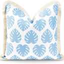 Hofdeco Premium Coastal Hampton Style Patio Indoor Outdoor Pillow Cover Only, 20"x20" Water Resistant for Backyard, Couch, Baby Blue Monstera Leaf Fringe (Baby Blue Monstera Leaf 20"x20")