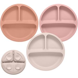 Eascrozn Toddler Plates, 3 Pack Divided Suction Plates for Baby, Food Grade Silicone Baby Plates, BPA Free, Non-slip, Baby Led Weaning Supplies, Microwave & Dishwasher Safe (Purple)