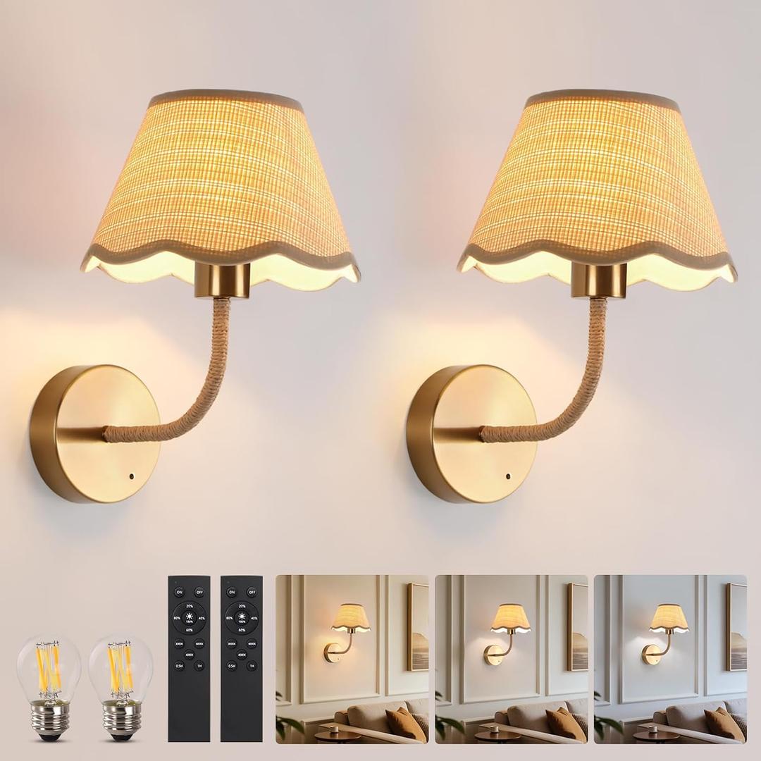 Battery Operated Gold Rattan Wall Sconces Set of Tow Rechargeable Wireless Battery Powered Large Boho Wall Lights with Grass-Woven Lampshade for Bedroom Living Room Entryway Hallway