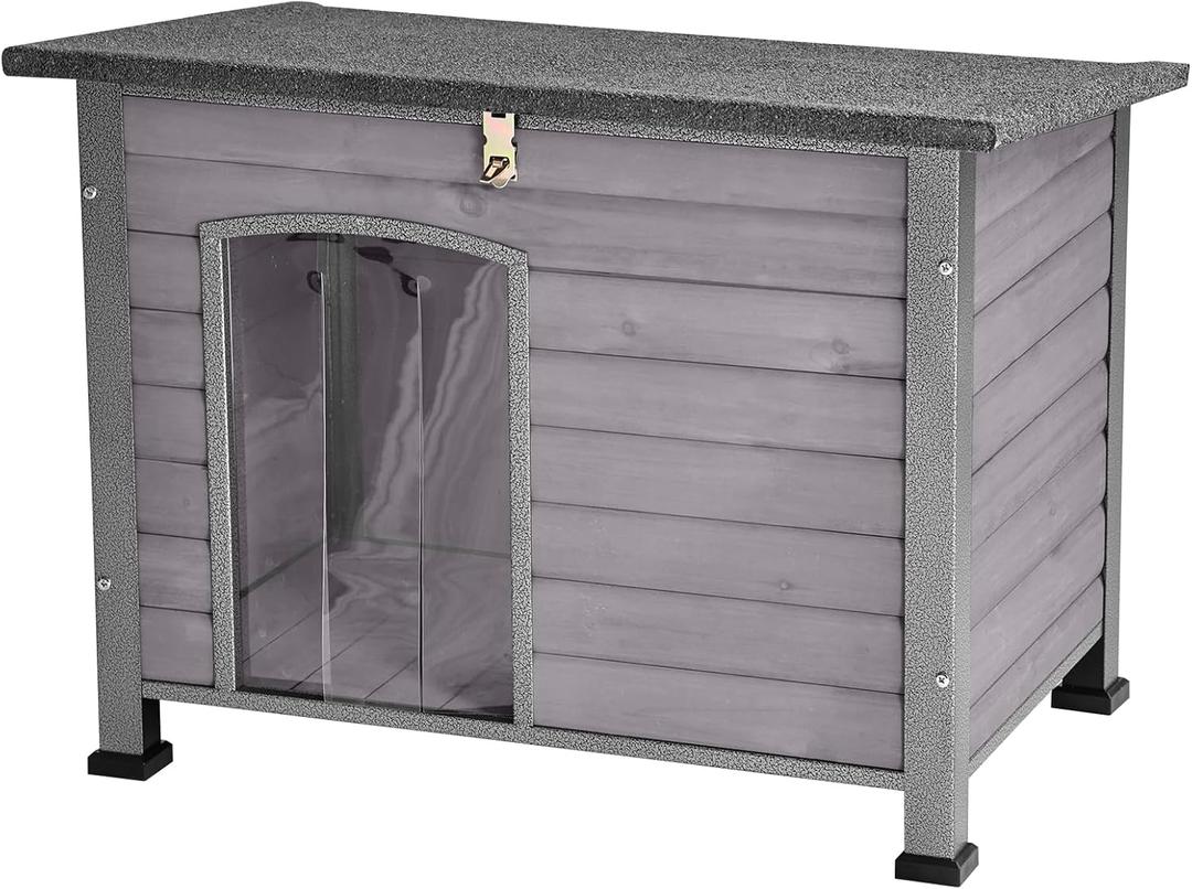 Indoor Outdoor Dog House,Anti-Chewing Iron Frame Dog Kennel,Wood Warm Pets Home,Weatherproof Outside Shelter for Feral Animal 33.5" (L) X 22" (W) X 25.2" (H) Grey