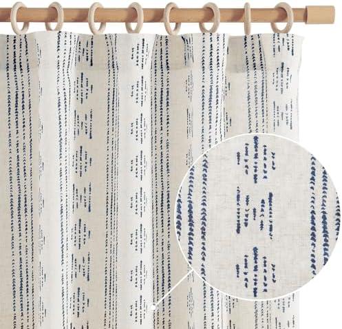 jinchan Boho Curtains for Living Room Farmhouse Blue Curtains 84 Inch Length 2 Panels for Bedroom Geometric Striped Mudcloth Light Filtering Window Drapes Rod Pocket Blue on Beige