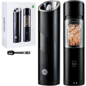 Gravity Electric Salt and Pepper Grinder Set, Adjustable Coarseness, Warm LED Light, One-handed Automatic Operation, Battery Powered, Black, Electric Pepper Mills