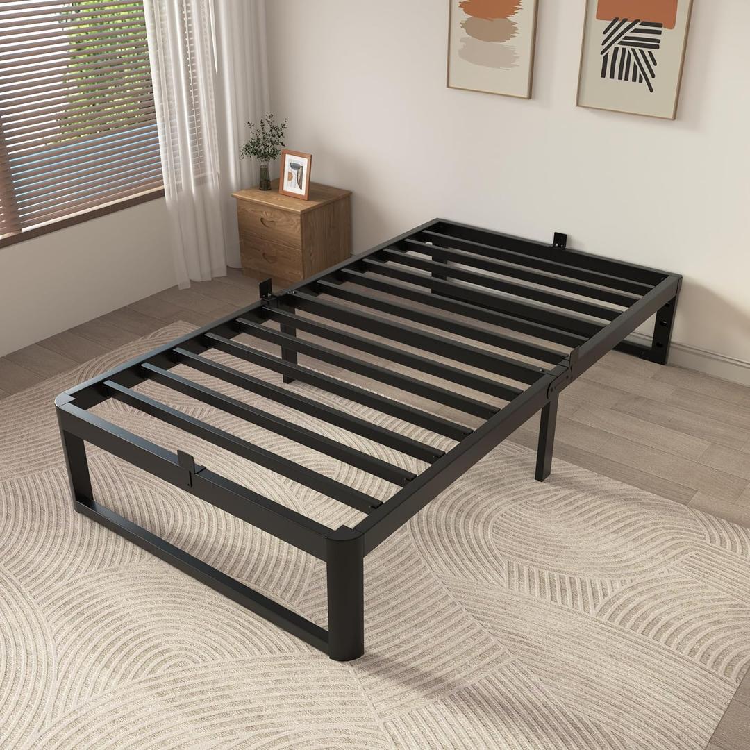 ZTH Twin Size Metal Platform Bed Frame 16 in, No Box Spring Needed, Black