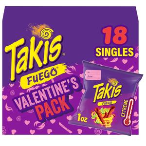 Takis Fuego 18 pc / 1 oz Valentine's Day Multipack, Hot Chili Pepper & Lime Flavored Extreme Spicy Rolled Tortilla Chips
