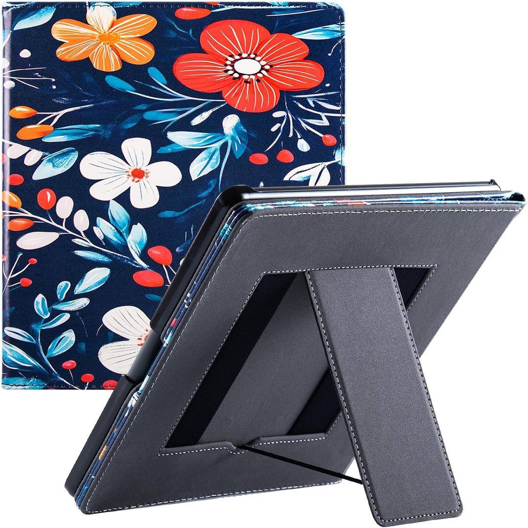 Case for 10.2" Kindle Scribe,Built-in Pen Holder,Flowers on Blue | PU Leather Protective Cover,with Auto Sleep/Wake,Foldable Stand,Two Hand Straps