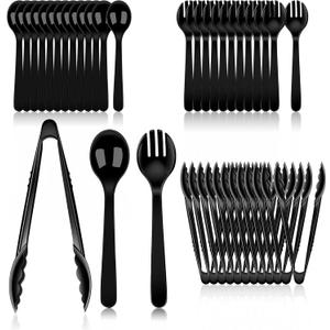 36 PCS Disposable Serving Utensils for Party - 12 Set Including Black Plastic Spoons, Tongs and Forks