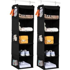 2 Pack Hanging Closet Organizer, 5 Shelves Hanging Storage with 6 Side Pockets for Clothes Shoes, 43"x12"x12"(Black)