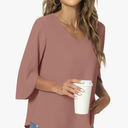TAOHUADAO Womens 2025 Summer 3/4 Sleeve Tunic Tops Chiffon Work Blouse V-Neck Dressy Casual Shirt Size XL