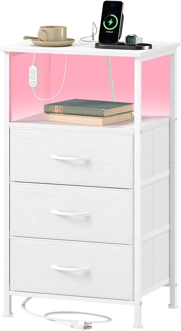 Somdot White Nightstand with Charging Station and LED Light for Bedroom, Tall 3 Drawers Dresser with Fabric Bins for Bedside Kids Dorm Room Closet Laundry Entryway, White Leather (11.8"D x 15.7"W x 28.3"H (3 Drawers))