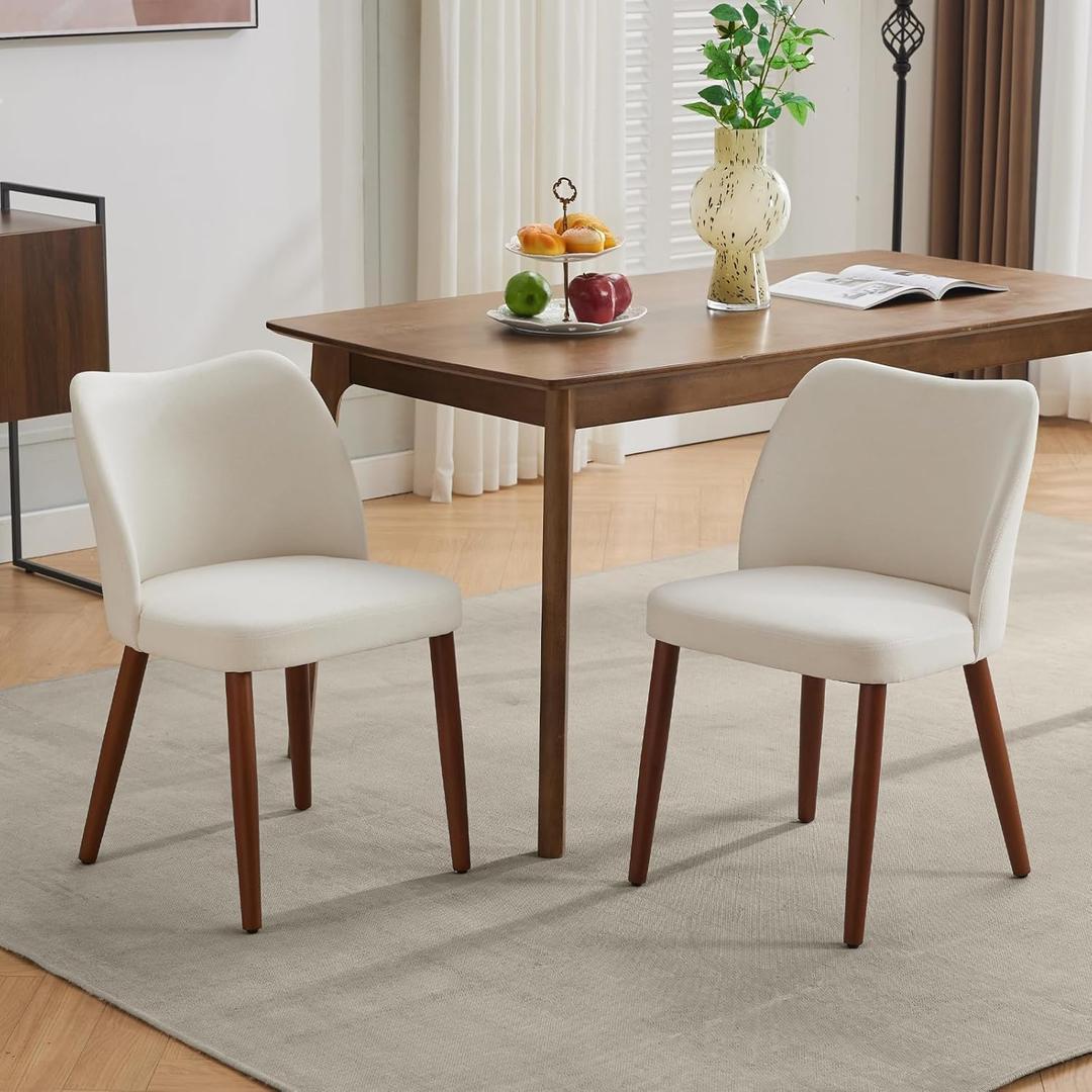 Dining Chair Set of 2, Linen Upholstered Kitchen Chair with Sold Wood Legs, Wing Backrest, Wooden Dinner Chair, Kitchen Chairs with Thick Cushions for Dining Room, Living Room, White (2PCS)