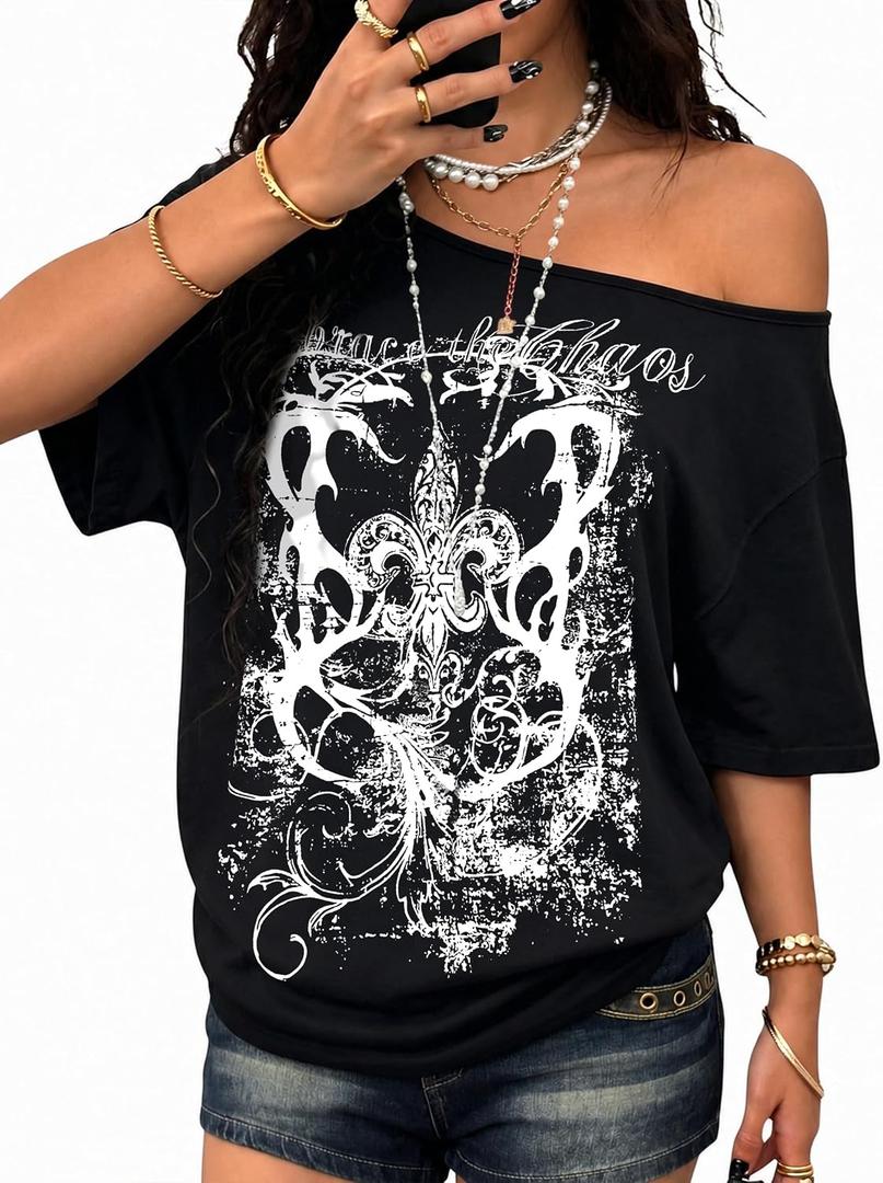 Women's Off The Shoulder Tops Gothic Graphic Tee Y2k Grunge Shirts Vintage Emo Oversized T Shirts Streetwear (M)