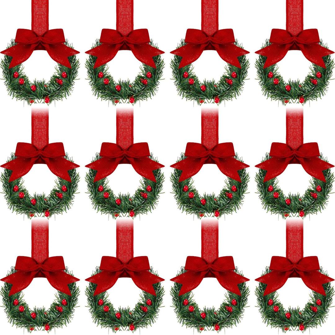 Retrowavy 12 Pcs Christmas Kitchen Cabinet Wreaths with Ribbon 3.94 Inch Mini Christmas Wreath Small Kitchen Xmas Decor for Window Door(Red,Classic Style)