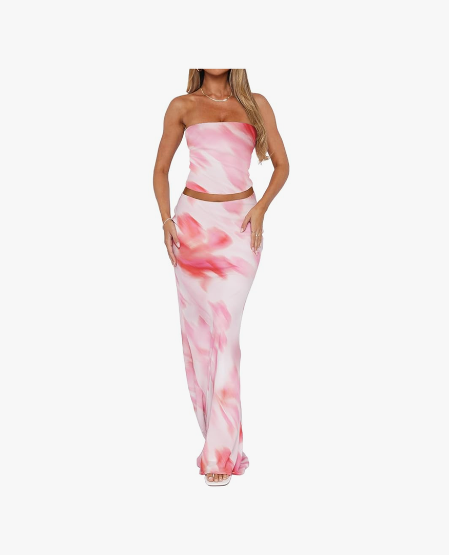 2 Piece Skirt Sets for Women Summer, Floral Sleeveless Tube Top Bodycon Maxi Skirts Y2k Vacation Going Out Outfits, Size small