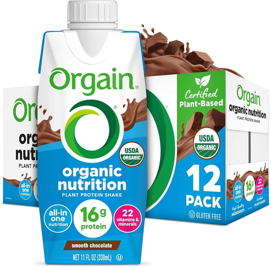 Orgain Organic Nutritional Vegan Protein Shake, Smooth Chocolate - 16g Plant Based Protein, Meal Replacement, 22 Vitamins & Minerals, Fruits & Vegetables, Gluten Free, Non-GMO, 11 Fl Oz (Pack of 12) (EXP 11/01/26)