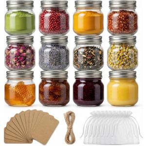 PUSKMAY 8 oz Mason Jars with Airtight Silver Lids - 12 Pack Small Glass Jars Set with Labels & Twine - Wide Mouth Canning Jars for Yogurt, Pantry Spice Organization, Homemade Jam & Honey