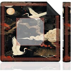 Oriental Chinese White Crane Mahjong Mat for Table, Traditional Red and Black Chinoiserie 31.5" x 31.5" Non-Slip & Noise Reduction Mahjong Mat for Poker Dominoes Cards & Board Games