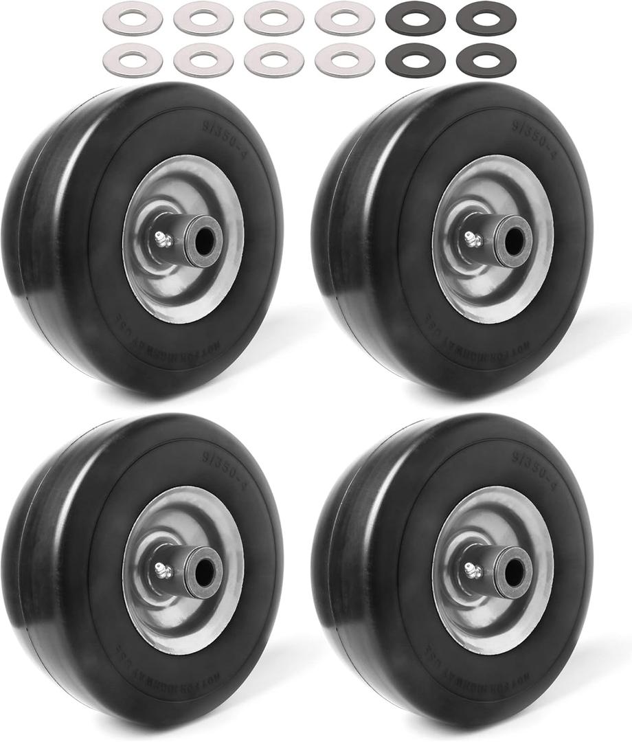 (4-Pack) 9x3.50-4 Flat Free Lawnmower Tire with 4" Centered Hub, 3/4" Bushings and Wheel Assemblies - PU Tire on Wheel and Adapter Kits (Silver(Smooth Tread))