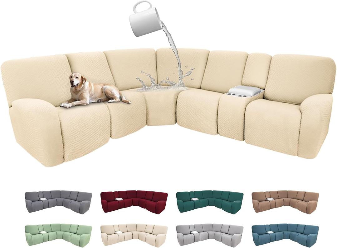100% Waterproof Sectional Recliner Couch Covers for Reclining Couch L Shaped Corner Sectional Sofa Cover Jacquard Stretch L Shape Recliner Slipcovers (5 Seater 1 Console Cover, Cream)