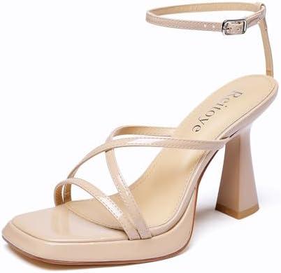 Reitoye Strappy Heels for Women Platform High Chunky Heels Square Open Toe Heeled Sandals Ankle Strap Block Heels, Size 7
