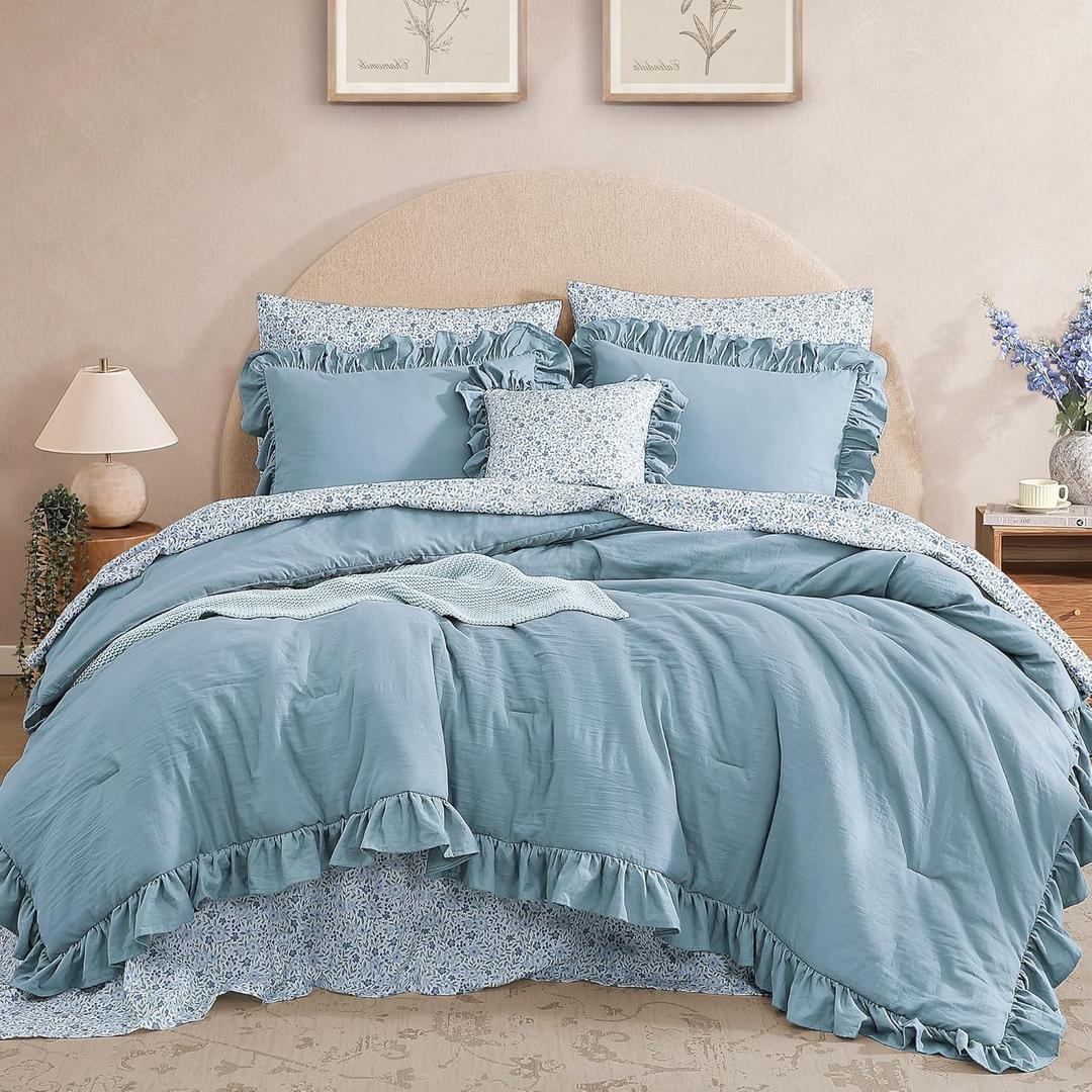 Queen Comforter Set - 7 Pieces Ruffle Blue Bedding Sets, Shabby Chic Farmhouse Bed in a Bag Queen with Ruffle Comforter, Floral Sheets, Pillowcases & Shams