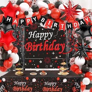 77PCS Red and Black Birthday Decorations for Women Men, Happy Birthday Banner Tablecloth Background Party Supplies, Confetti Star Red Black White Balloons Arch Kit Party Decorations