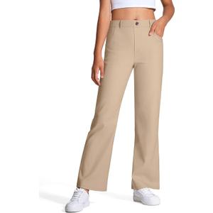 Girls Uniform Pants Kids High Stretchy Flare Dress Pants Elastic Waist Size 7-14 Years (Khaki)