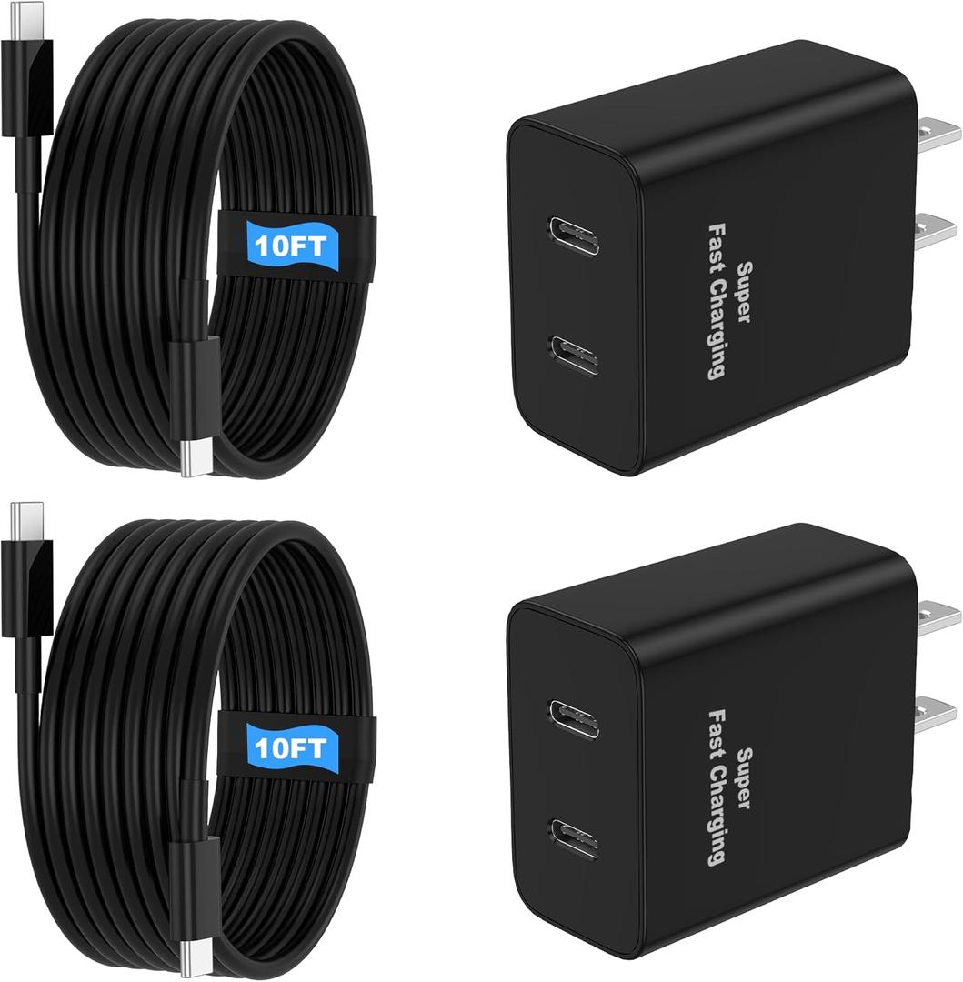 45W 2Pack Super Fast Charger USB C Dual Port Android Phone Charger Type C Fast Charging Block with 10FT Type-C Charger Cord for Samsung Galaxy S25/ S25 Ultra/ S25+/ S24 Ultra/ S24/ S24+/ S23/ S22/ S21/ S20