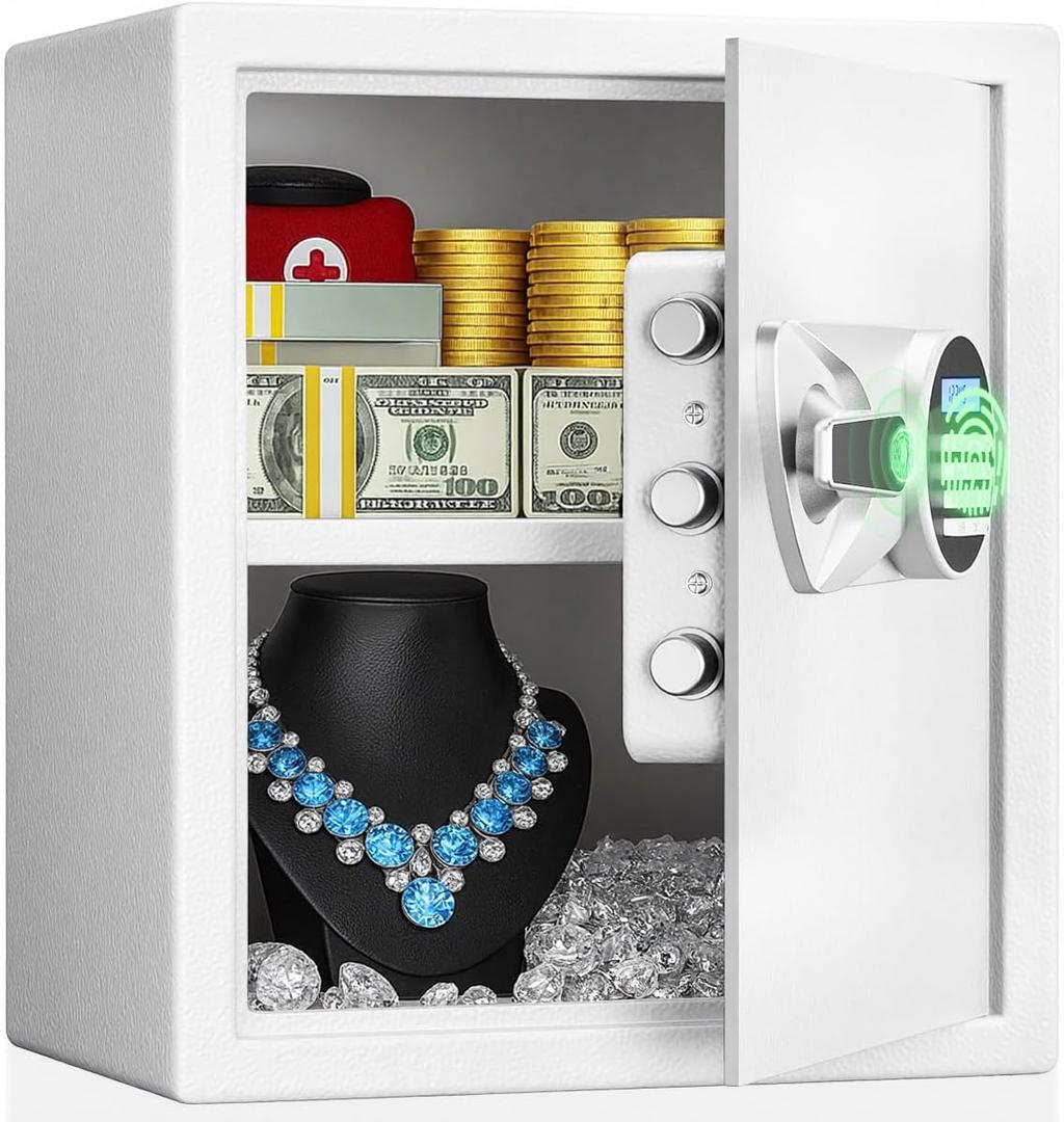 BlackSmith Home Safe Box 1.5 Cub Quick Access Biometric Safe with LCD Display, Fireproof Bag Digital Security Lock Box Secure Money Jewelry Documents for Office Hotel, White