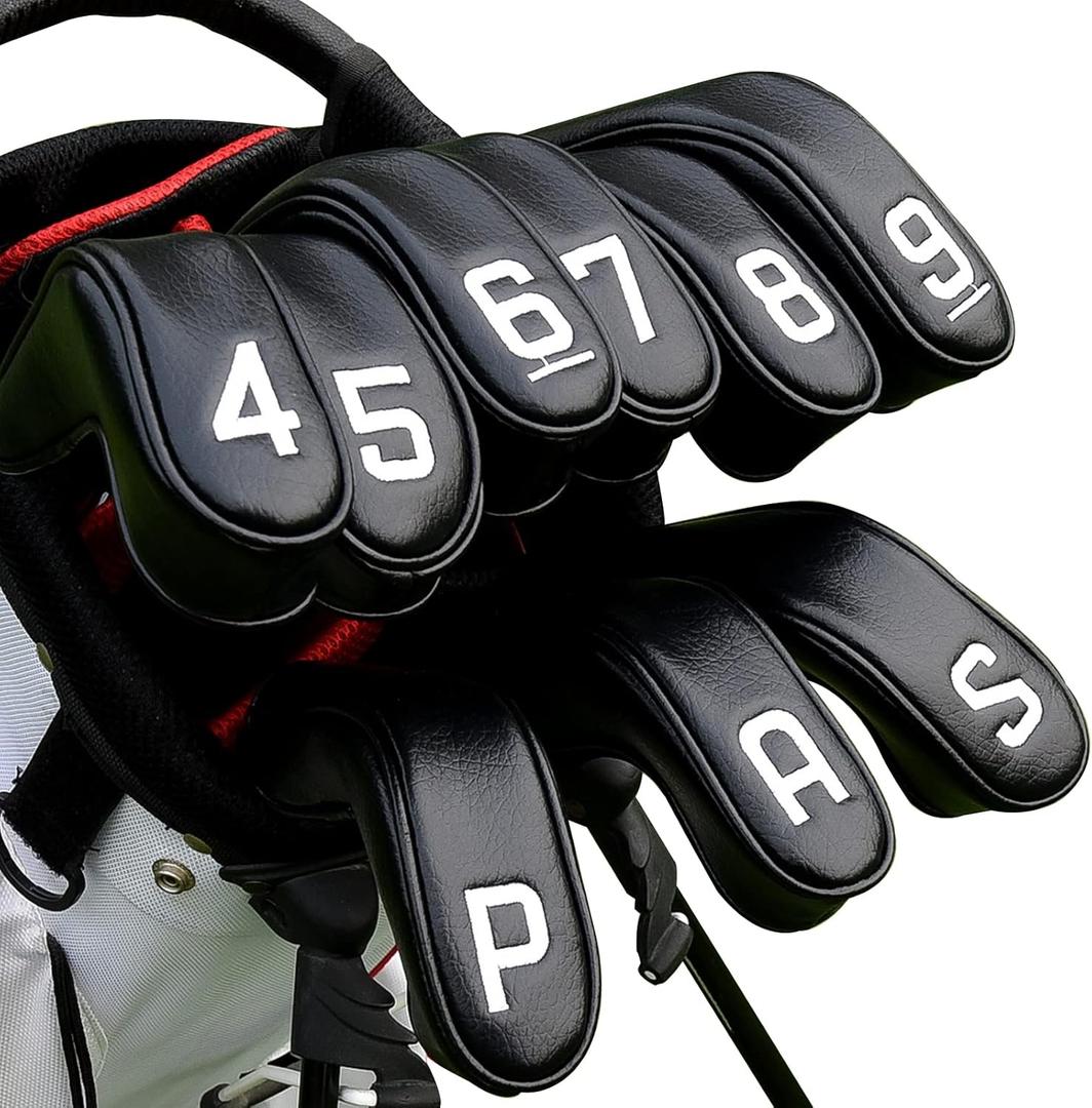 BIG TEETH Golf Hybrid Iron Head Cover 9Pcs, Long Hybrids Iron Covers Head Covers Set, Golf Club Covers W/Big NO. Fits for Cleveland Launcher Cobra T Rail Hybrid Irons, 1set of 9pcs(4-9,P,A,S) Black