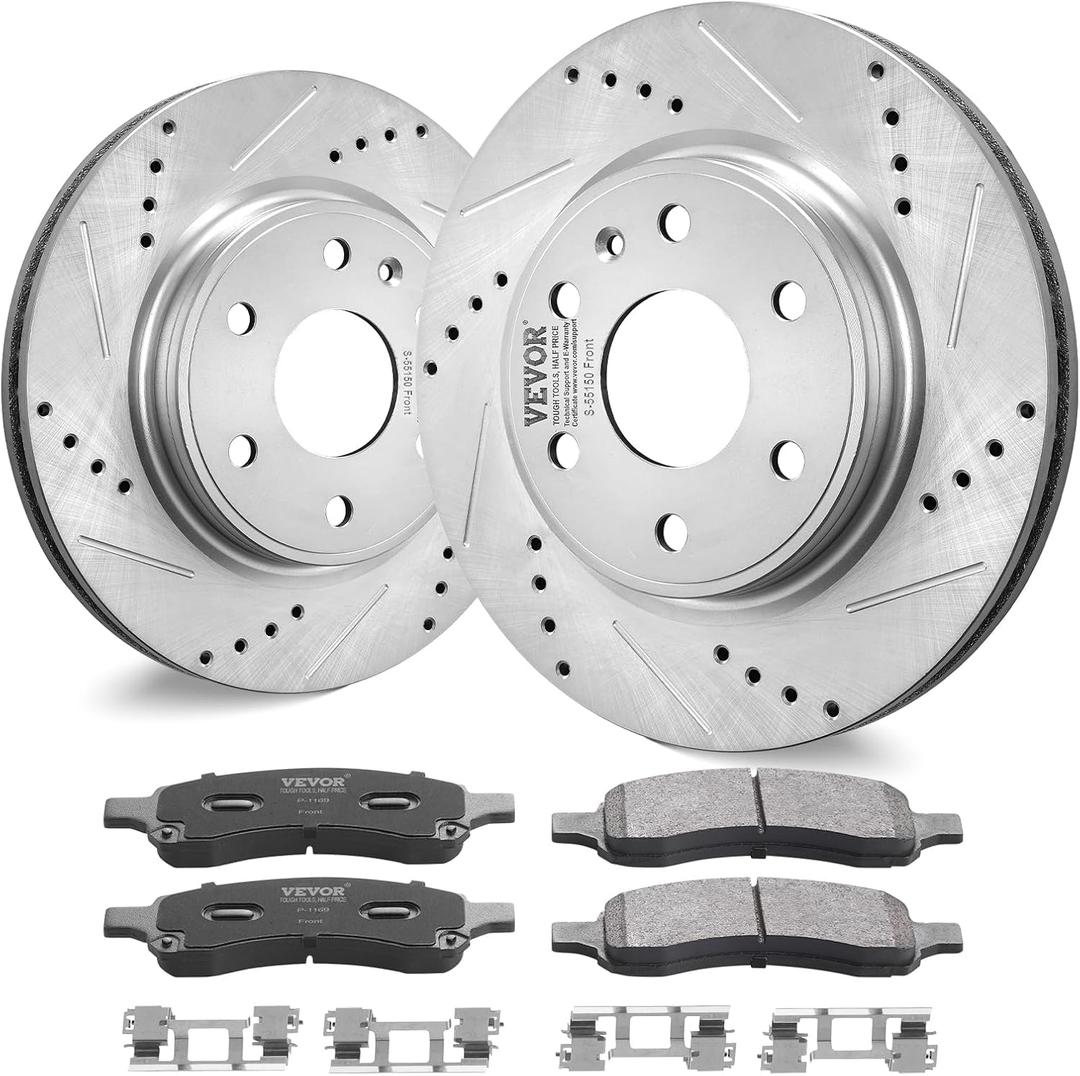 VEVOR Front Brake Kit Compatible with 2007-2017 Chevy Traverse, Buick Enclave, GMC Acadia, Saturn Outlook, Drilled and Slotted Brake Rotors Ceramic Brake Pads Replacement Kit, 12.8" Front Rotors