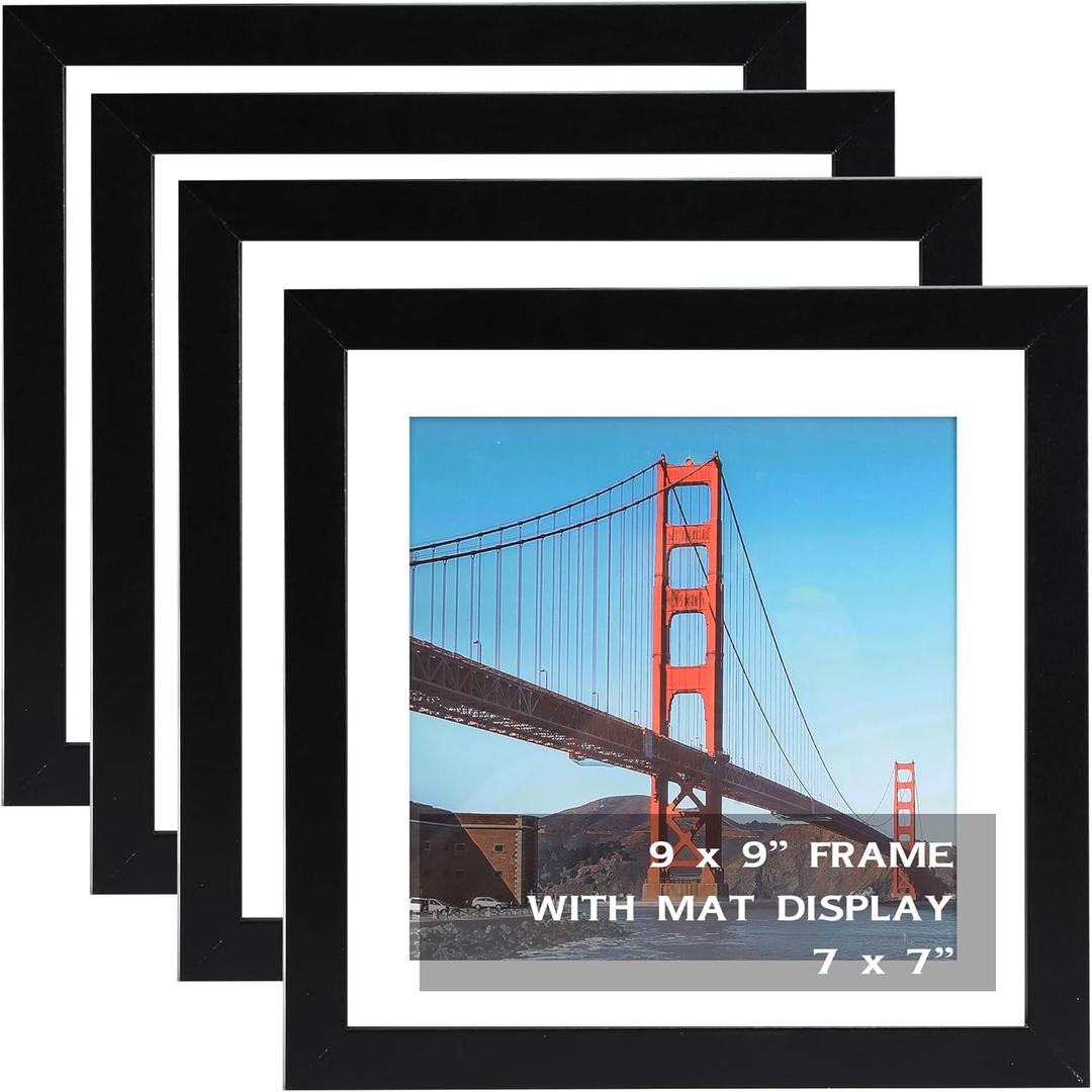 OMISHE 4 Pack 9x9 inch Picture Frames Black for Wall Hanging or Tabletop Poster, Frame Display 7x7 inch with Mat or 9x9 Without Mat, Square Wall Gallery Photo Frames, Black